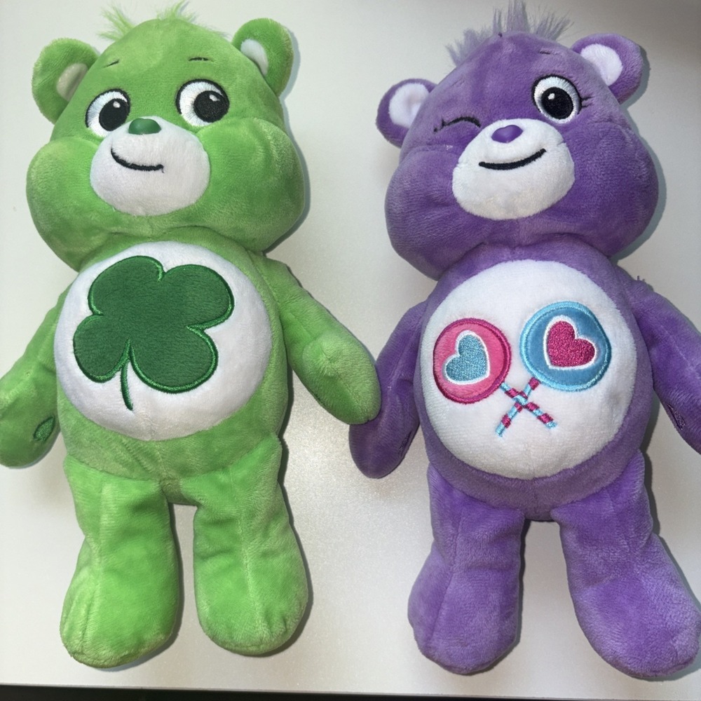Basic Fun Care Bears Bean Plush Green GOOD LUCK BEAR & Purple Share Bear 10"2020